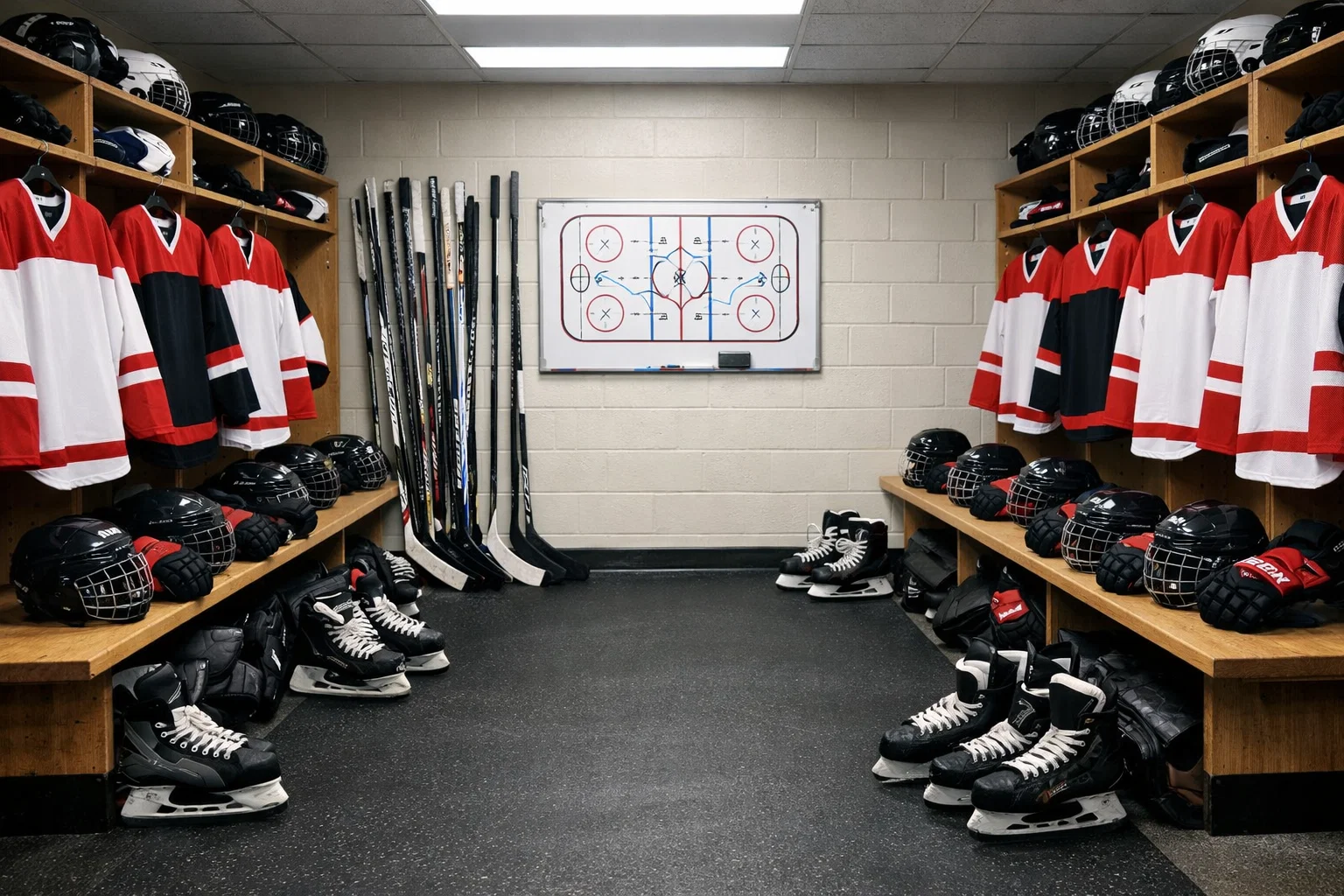 Jääkiekkojoukkueen kokoonpanon tarkistus pukukopissa ennen ottelua