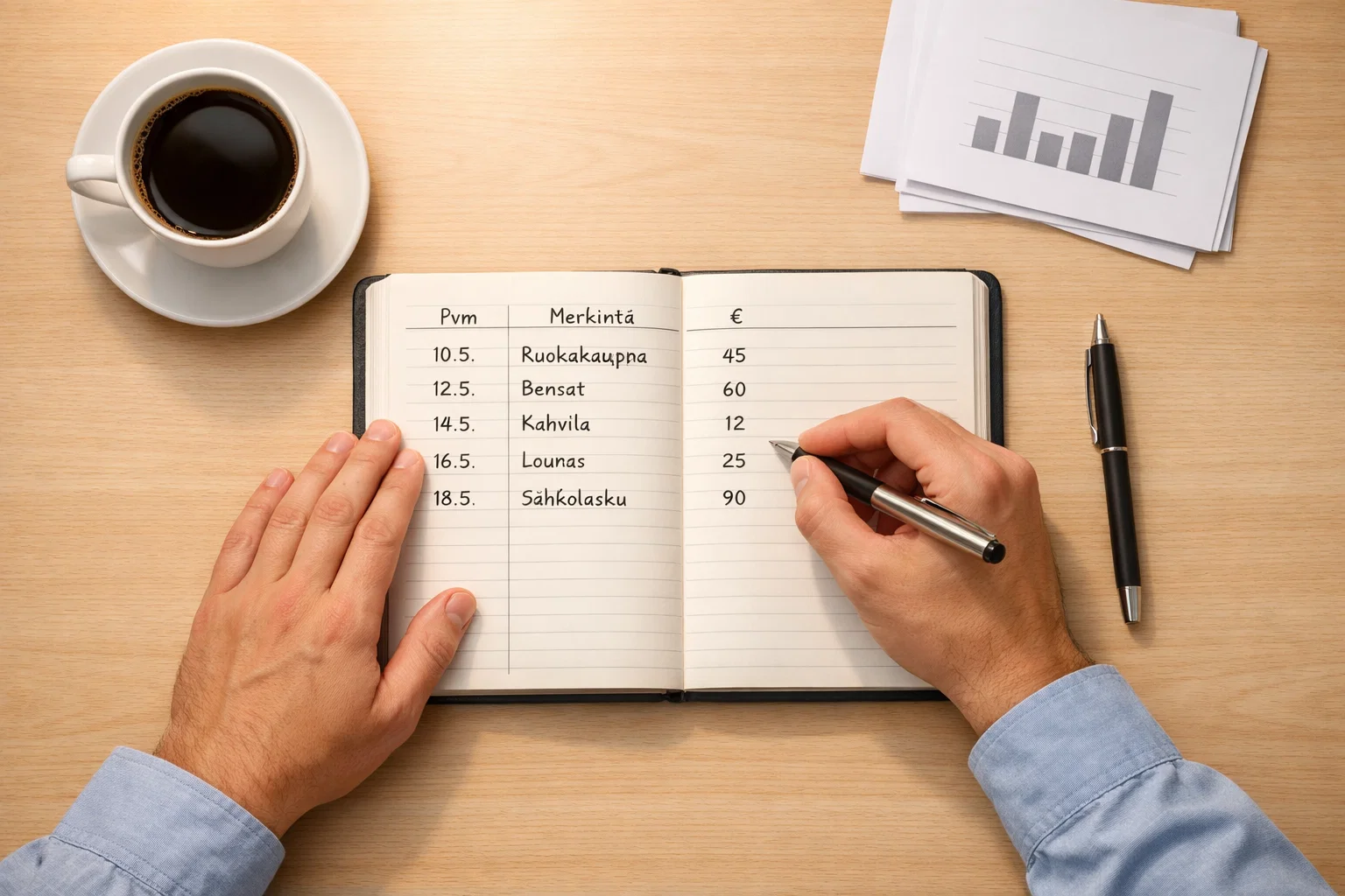 Henkilö kirjaa vedonlyöntituloksia muistikirjaan pöydän ääressä