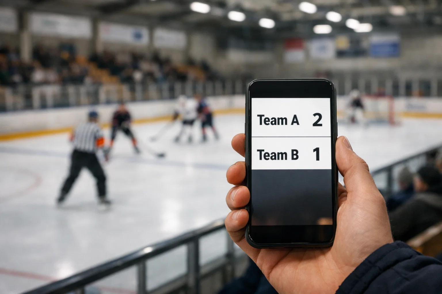 Jääkiekko-ottelun live-seuranta puhelimen näytöllä jäähallissa