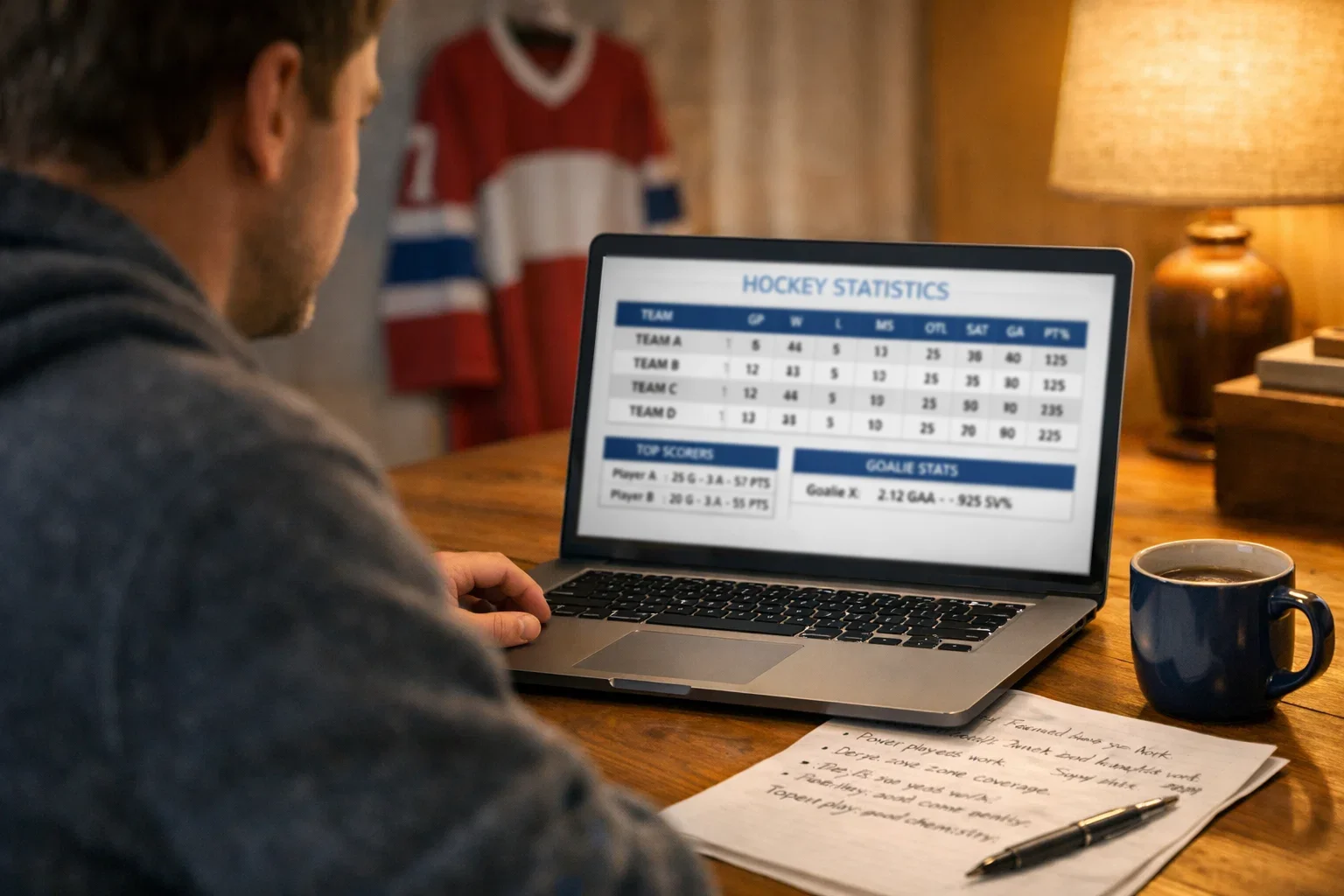 Henkilö analysoi jääkiekko-ottelun tilastoja kannettavalla tietokoneella
